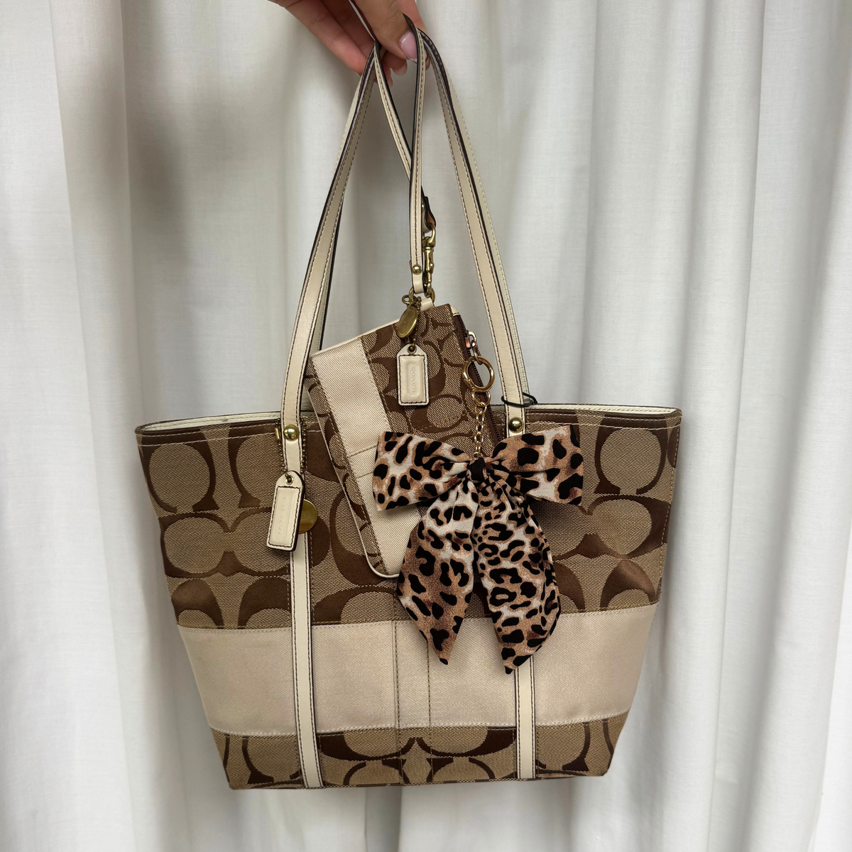 Vintage Coach Signature Stripe Small Tote Bag + Wristlet SET