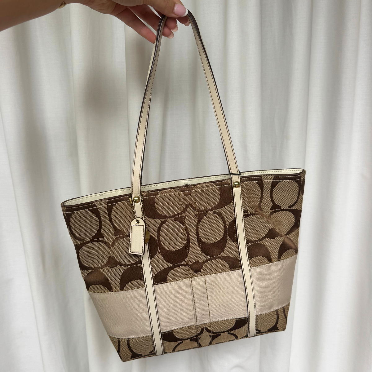 Vintage Coach Signature Stripe Small Tote Bag + Wristlet SET