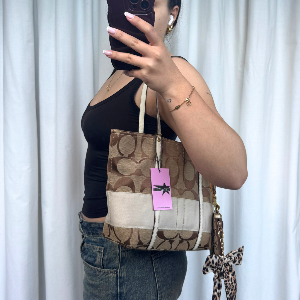 Vintage Coach Signature Stripe Small Tote Bag + Wristlet SET